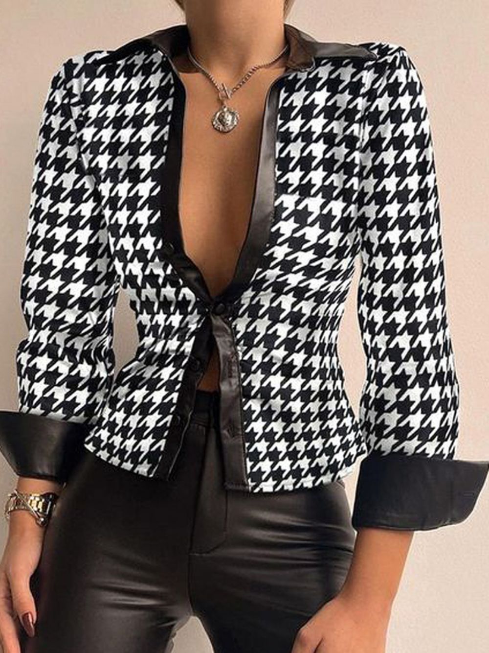 Overhemdkraag Urban Regular Fit Houndstooth-Blouse Met Lange Mouwen