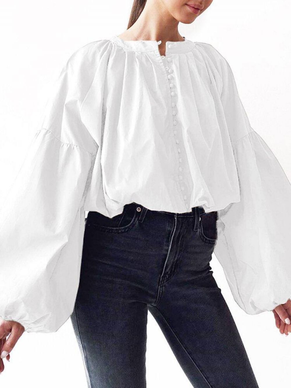 Pofmouw Casual Effen Kleur Button-Up O-Hals Geplooide Stijlvolle Blouse Dames