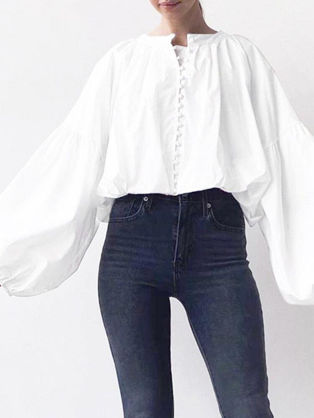 Pofmouw Casual Effen Kleur Button-Up O-Hals Geplooide Stijlvolle Blouse Dames