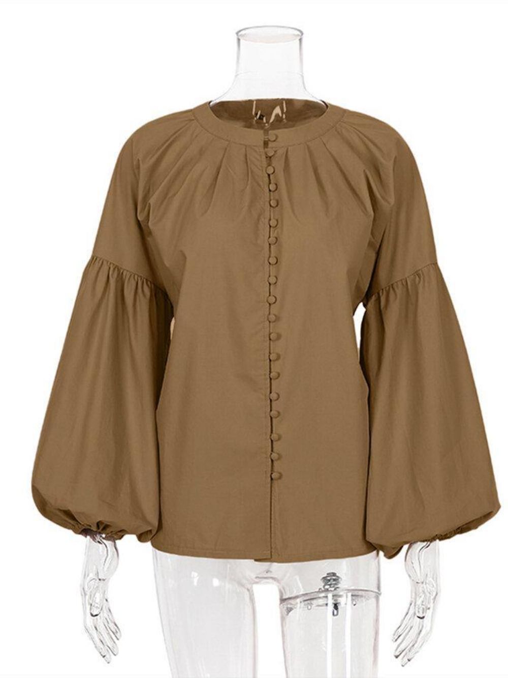 Pofmouw Casual Effen Kleur Button-Up O-Hals Geplooide Stijlvolle Blouse Dames