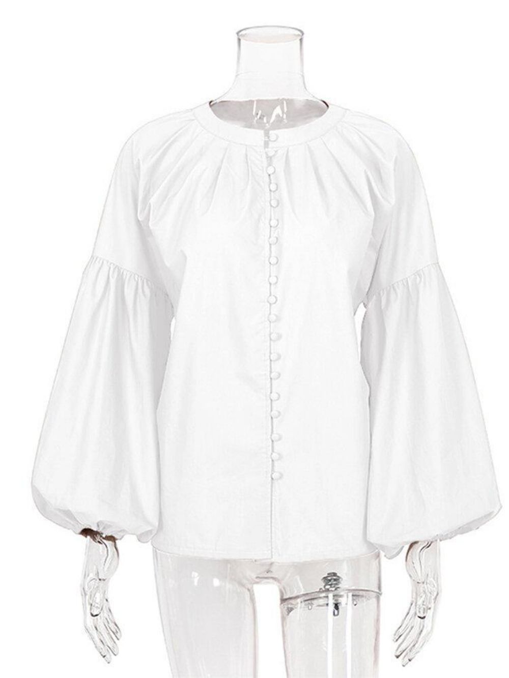 Pofmouw Casual Effen Kleur Button-Up O-Hals Geplooide Stijlvolle Blouse Dames