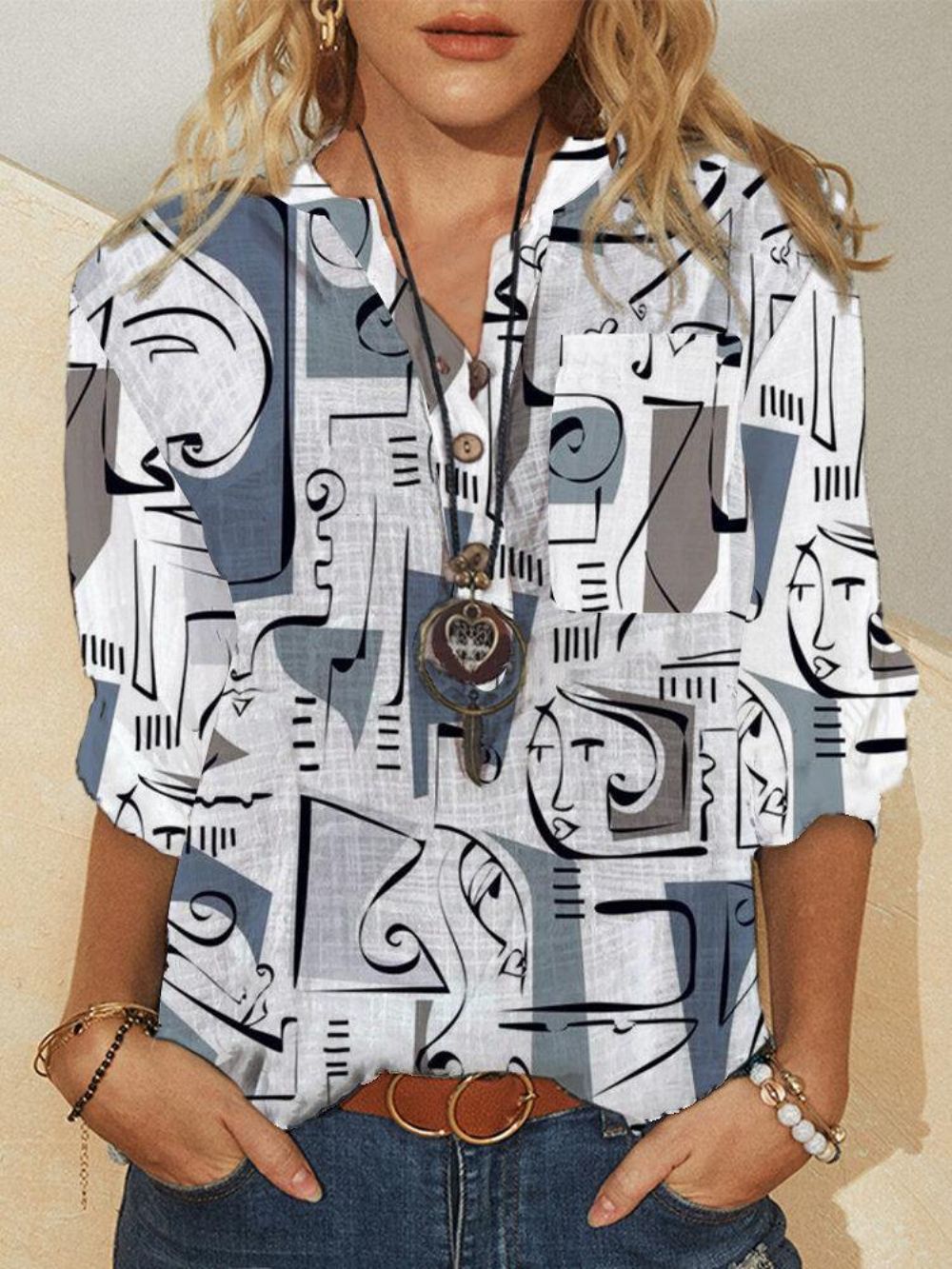 Shirt Met Lange Mouwen V-Hals Met Abstracte Print Graffiti Dames