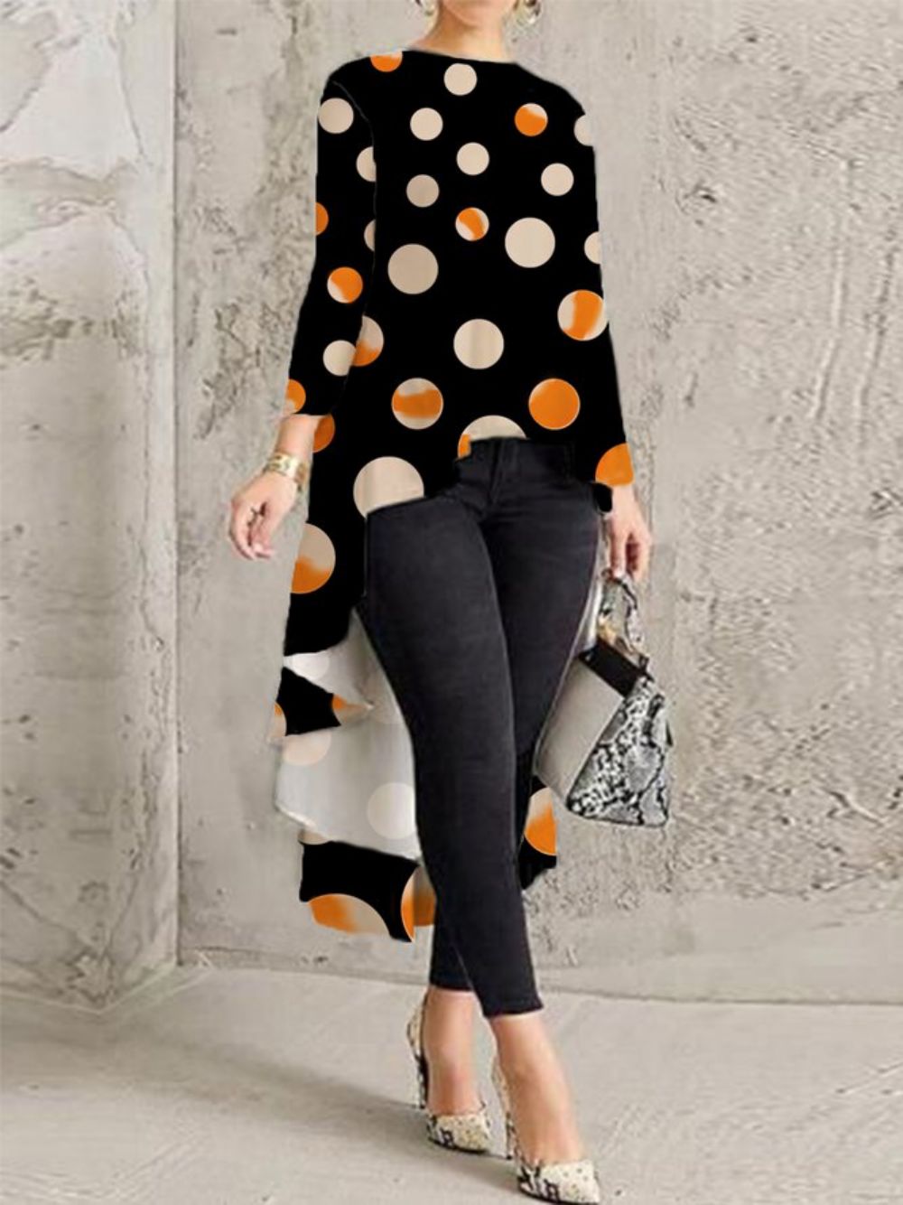 Urban Ronde Hals Polkadots Onregelmatige Blouse Met Lange Mouwen