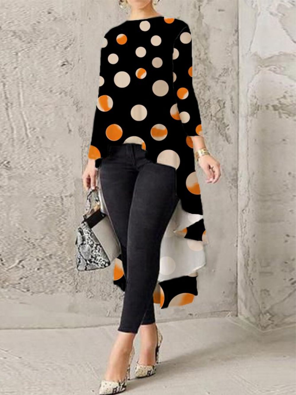 Urban Ronde Hals Polkadots Onregelmatige Blouse Met Lange Mouwen