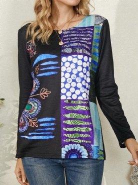 Vrouwen Etnische Stijl Print Ronde Hals Zwarte Blouse Met Lange Mouwen