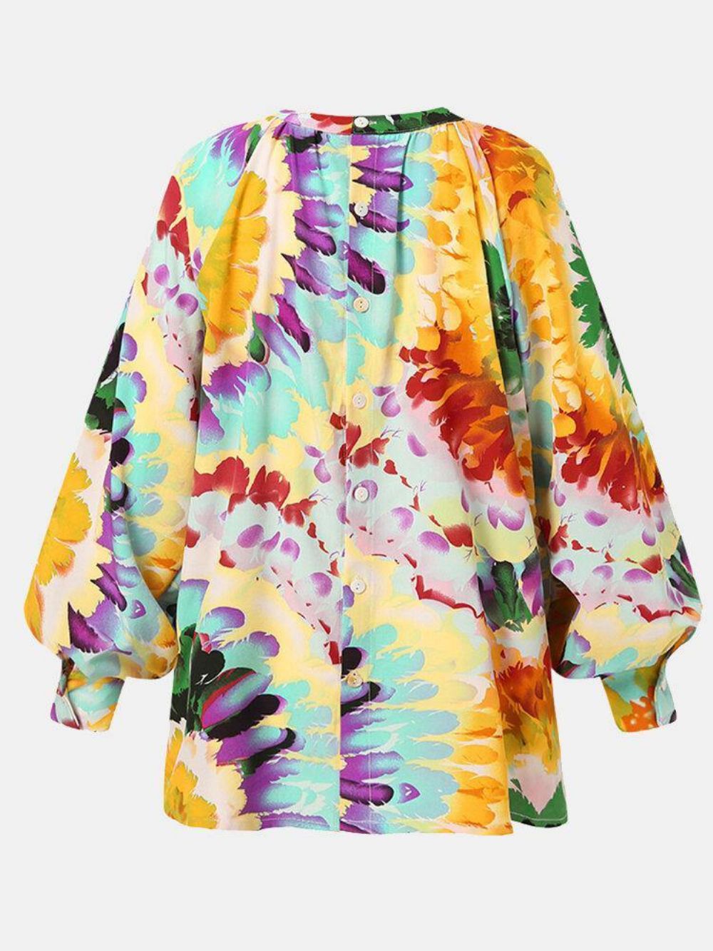 Vrouwen Kleurrijke Bloemen Afdrukken Bladerdeeg Mouw Terug Knop Casual Blouse