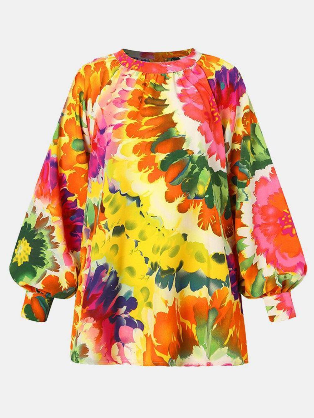 Vrouwen Kleurrijke Bloemen Afdrukken Bladerdeeg Mouw Terug Knop Casual Blouse