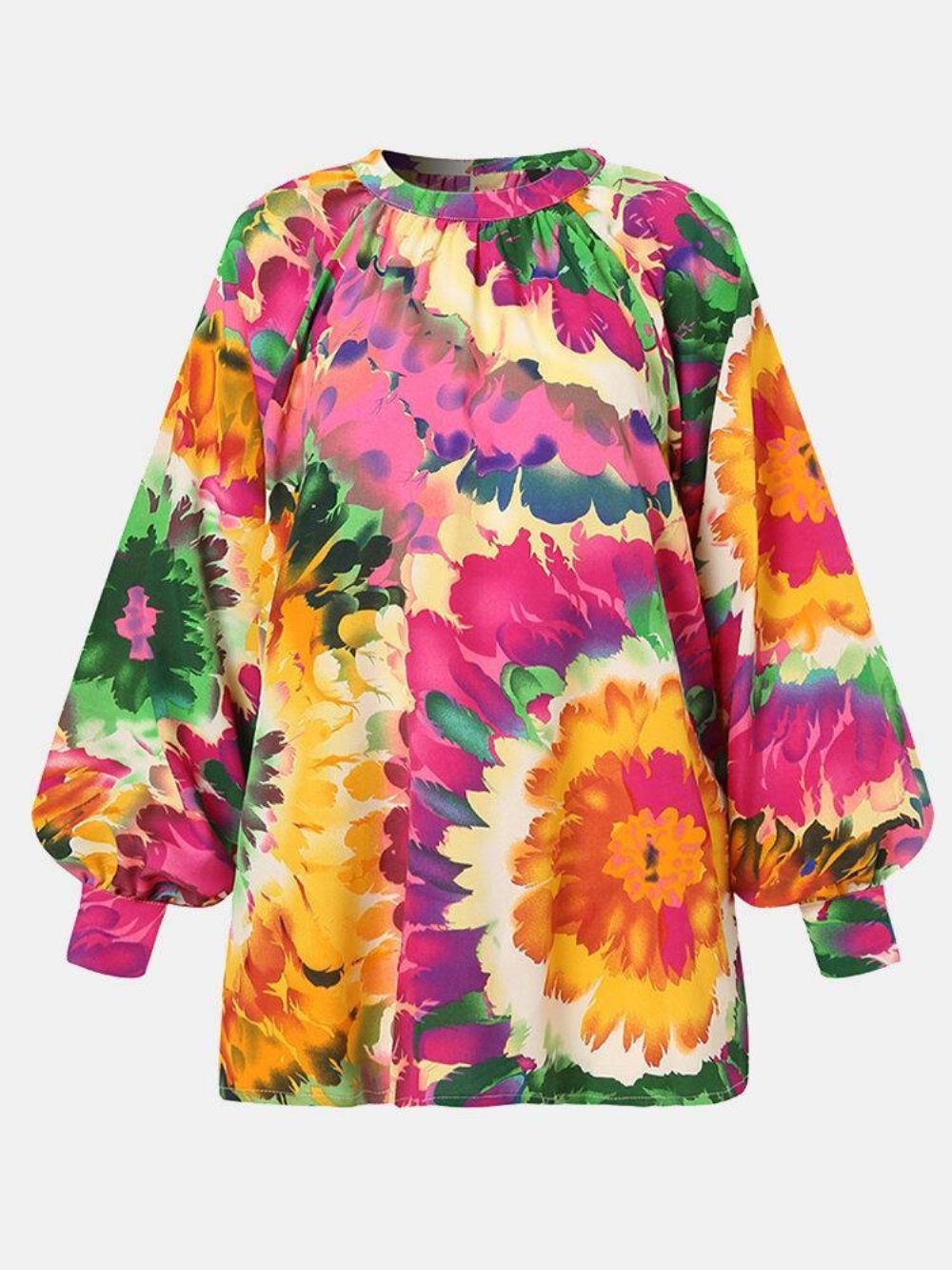 Vrouwen Kleurrijke Bloemen Afdrukken Bladerdeeg Mouw Terug Knop Casual Blouse