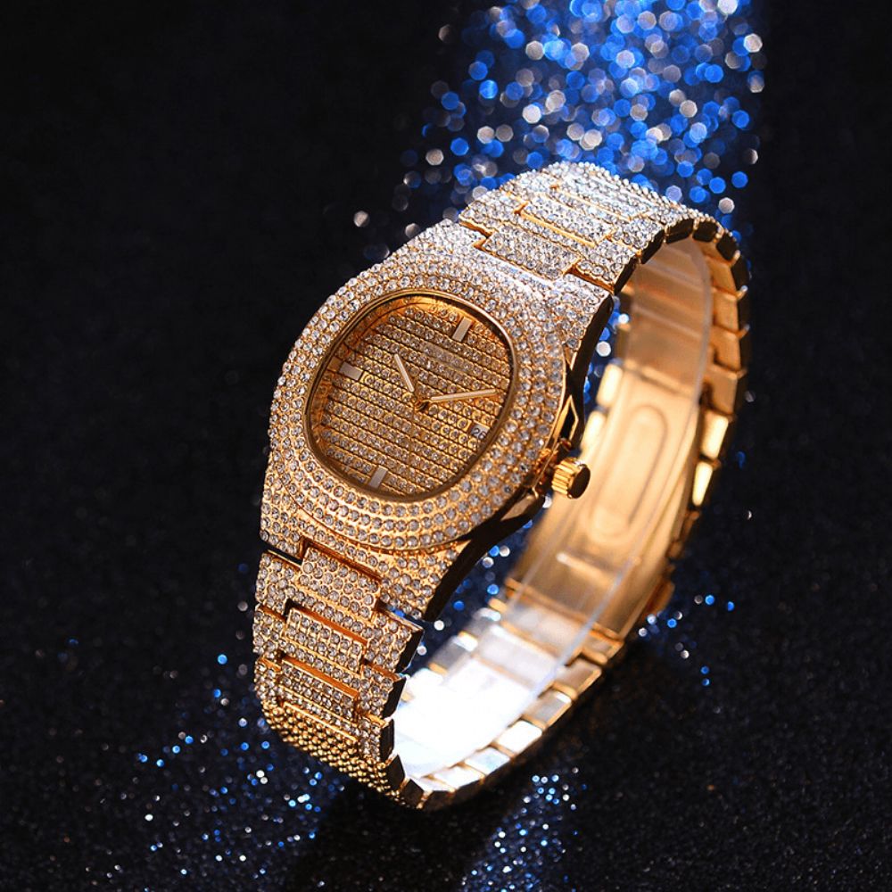 1 3 Pcs Luxe Ingelegde Steentjes Mannen Horloge Set Hip Hop Collier Armband: