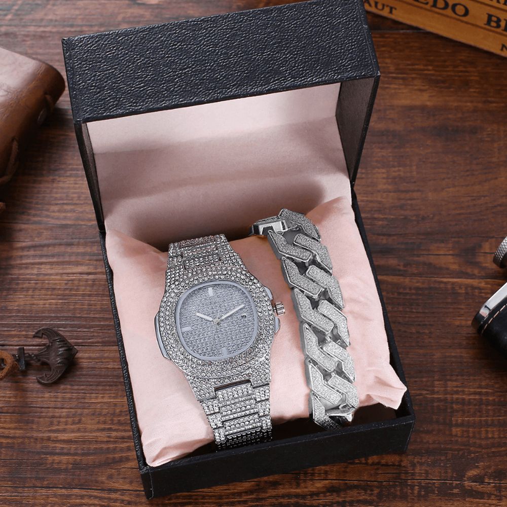 2 Stks Set Luxe Mode Vrouwen Horloge Set Bling Ingelegd Strass Quartz Horloge Sieraden Gift: