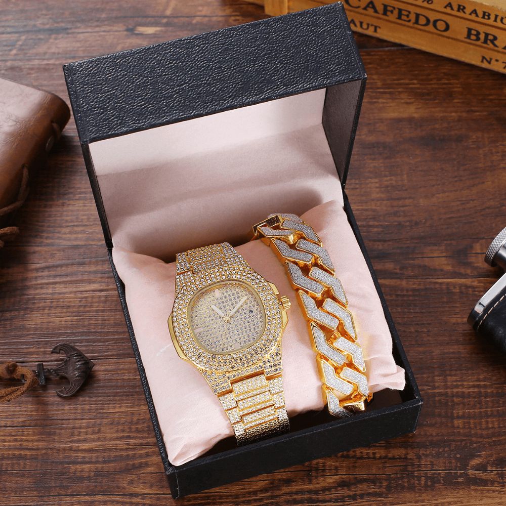 2 Stks Set Luxe Mode Vrouwen Horloge Set Bling Ingelegd Strass Quartz Horloge Sieraden Gift: