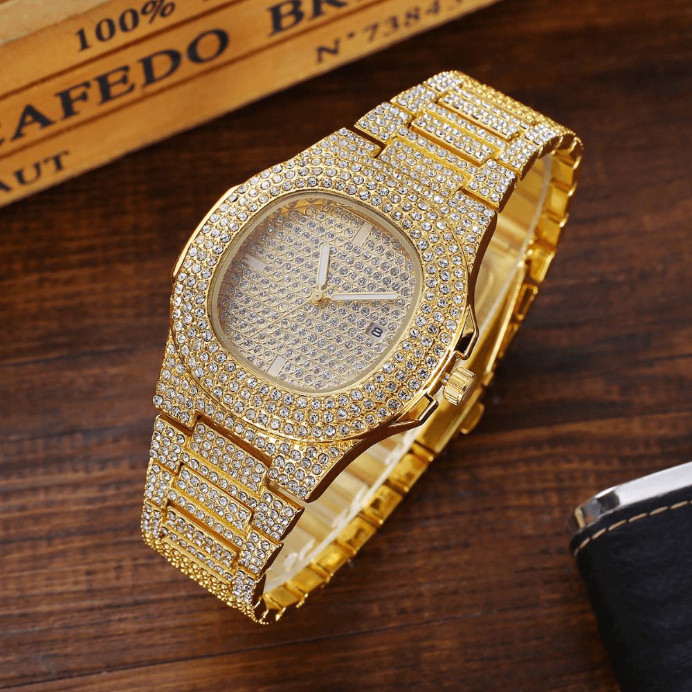 2 Stks Set Luxe Mode Vrouwen Horloge Set Bling Ingelegd Strass Quartz Horloge Sieraden Gift: