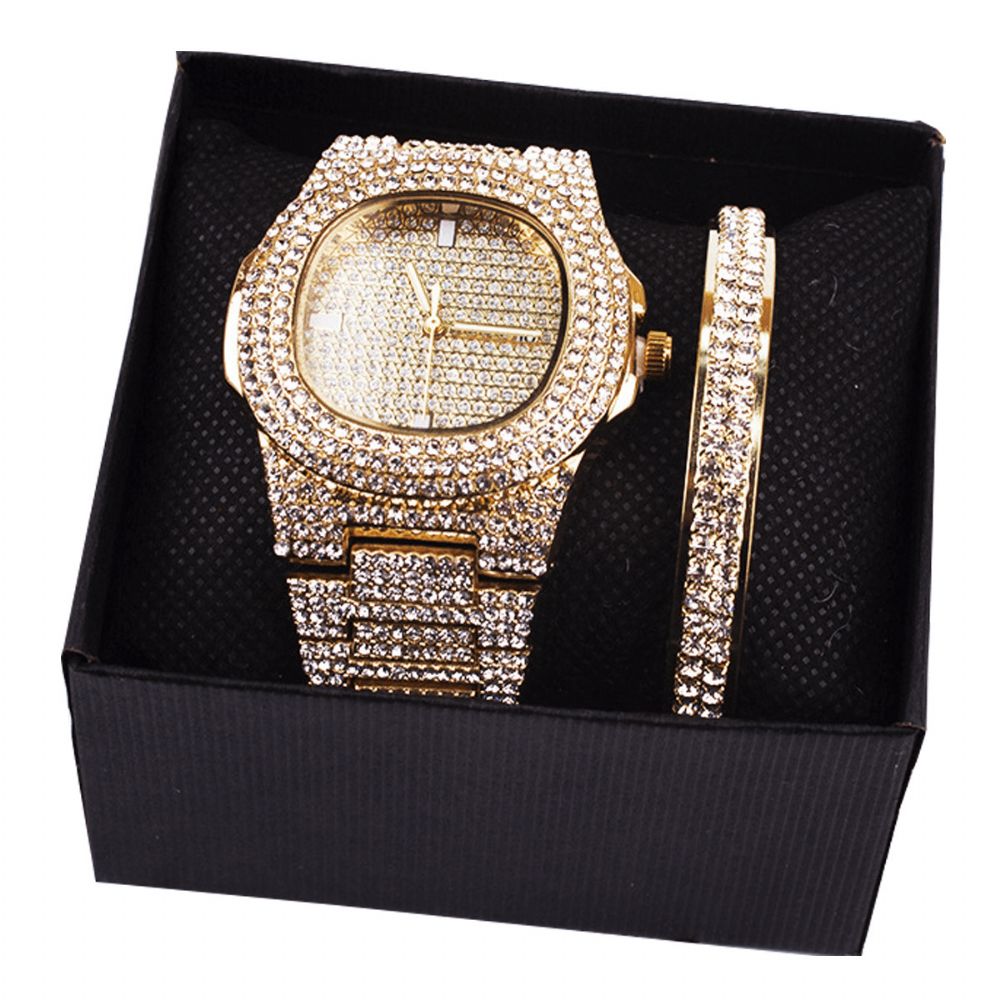 2 Stks Set Luxe Mode Vrouwen Horloge Set Bling Ingelegd Strass Quartz Horloge Sieraden Gift: