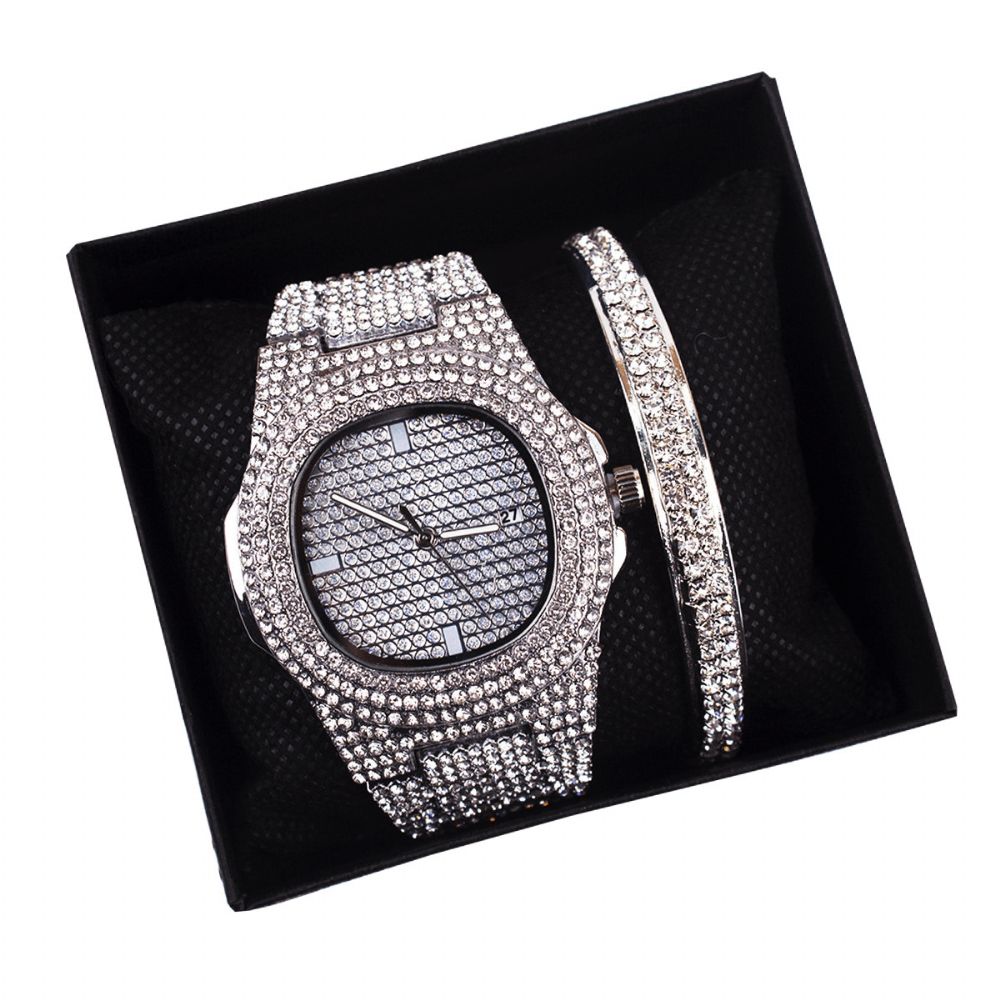 2 Stks Set Luxe Mode Vrouwen Horloge Set Bling Ingelegd Strass Quartz Horloge Sieraden Gift: