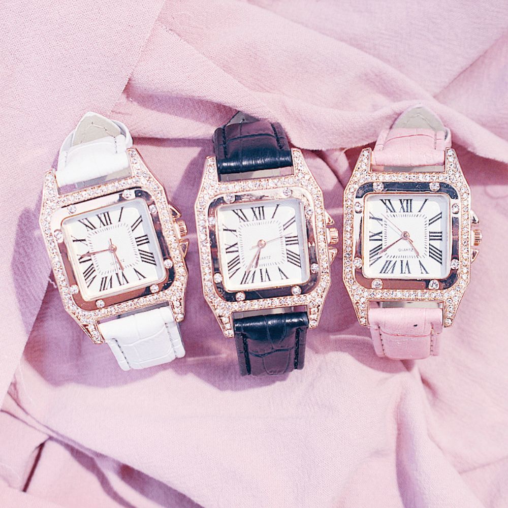 2 Stks Set Vrouwen Horloge Set Vierkante Bling Strass Wijzerplaat Lederen Band Quartz Horloge Ster Hanger Bangle Sieraden Cadeau Vriendin!