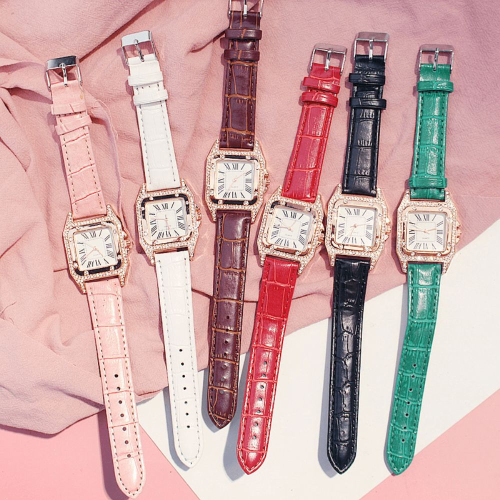 2 Stks Set Vrouwen Horloge Set Vierkante Bling Strass Wijzerplaat Lederen Band Quartz Horloge Ster Hanger Bangle Sieraden Cadeau Vriendin!