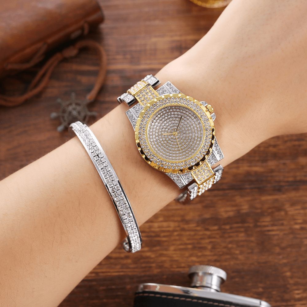 2 Stuks Mode Luxe Volledige Diamanten Stalen Band Quartz Horloge Punk Strass Armband Set: