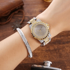 2 Stuks Mode Luxe Volledige Diamanten Stalen Band Quartz Horloge Punk Strass Armband Set: