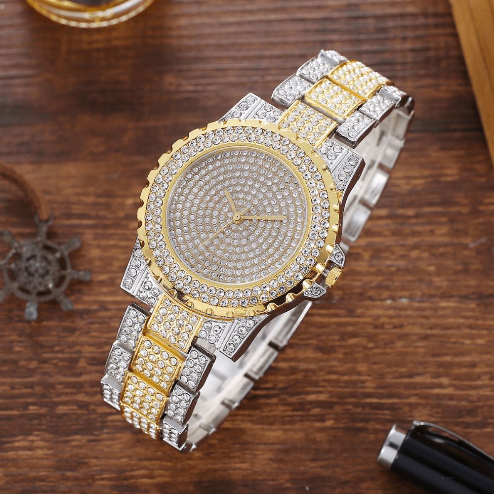 2 Stuks Mode Luxe Volledige Diamanten Stalen Band Quartz Horloge Punk Strass Armband Set: