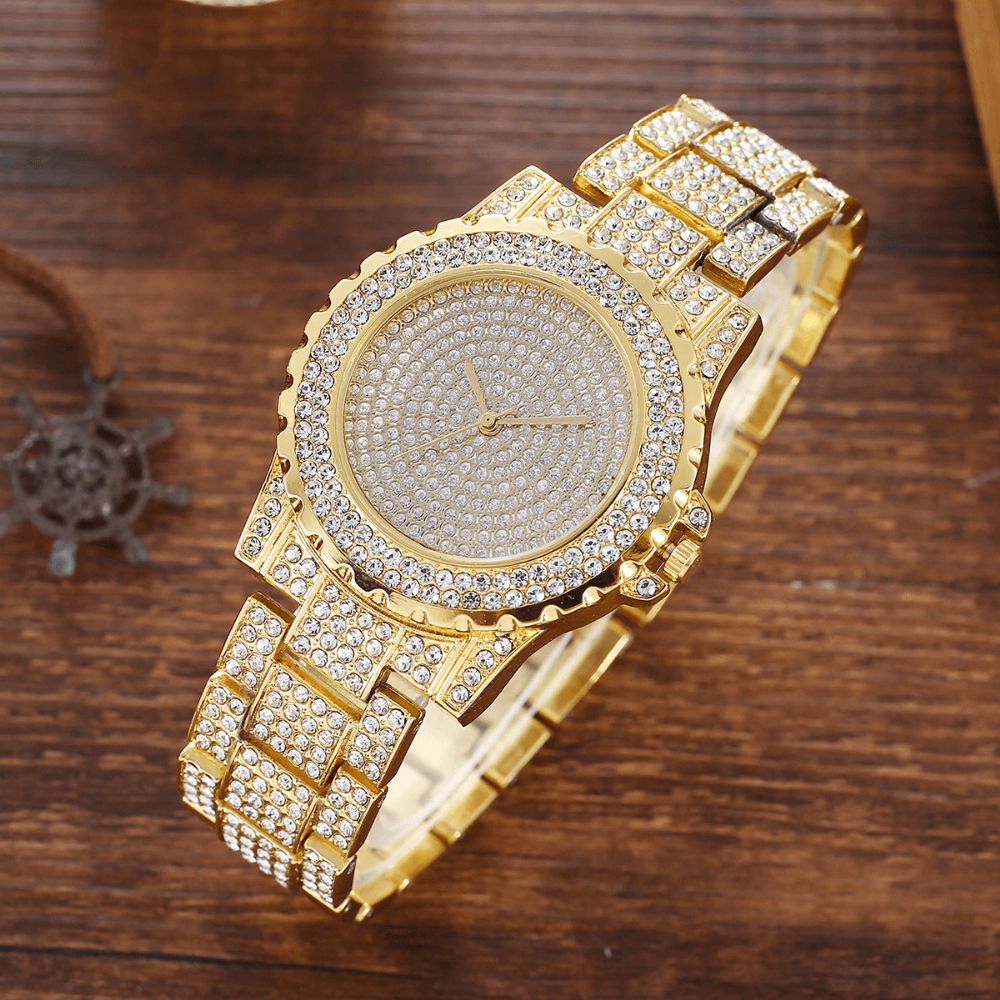 2 Stuks Mode Luxe Volledige Diamanten Stalen Band Quartz Horloge Punk Strass Armband Set: