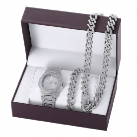 3 Stks Set Luxe Mode Mannen Horloge Set Ingelegde Strass Stalen Band Quartz Horloge Ketting Armband