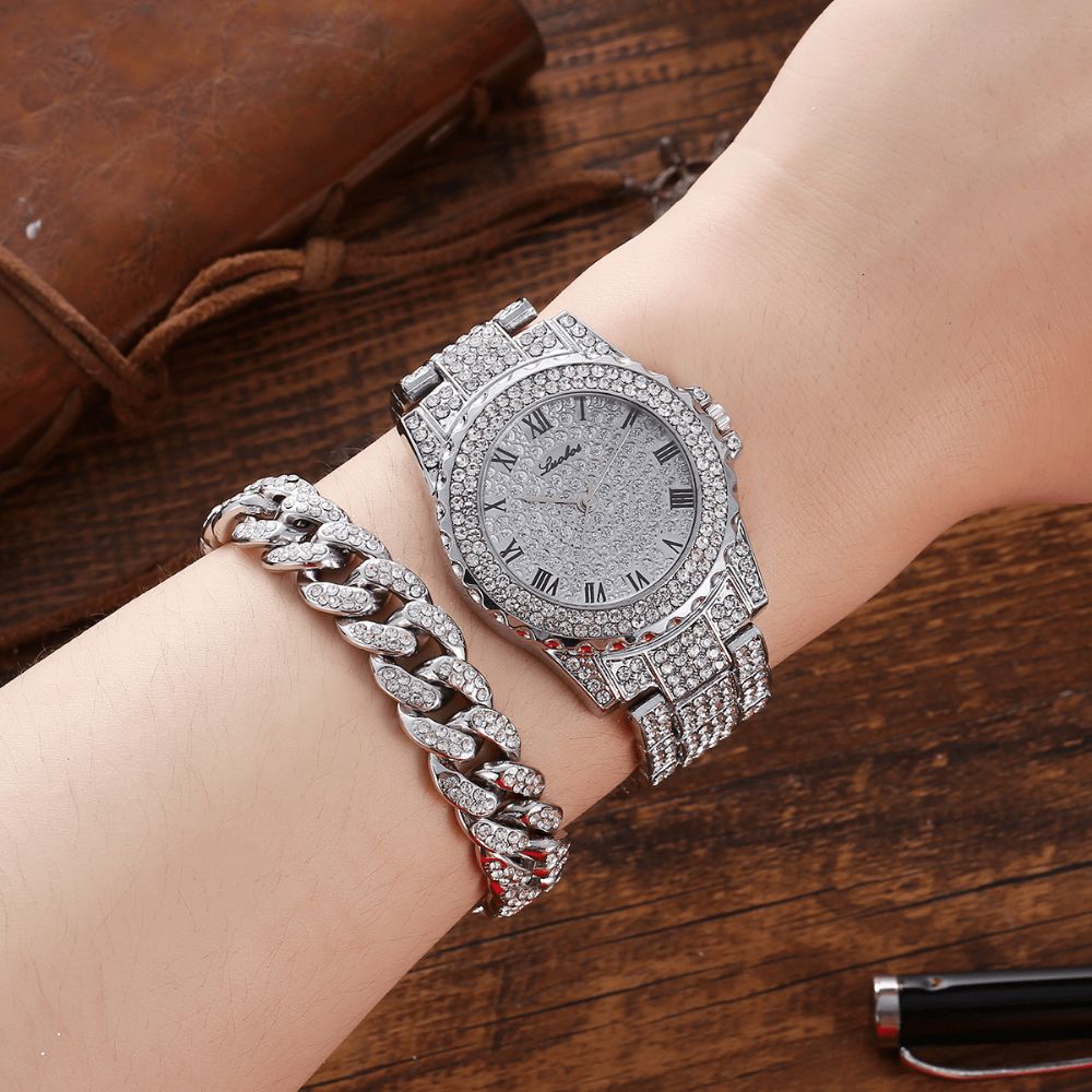 3 Stks Set Luxe Mode Mannen Horloge Set Ingelegde Strass Stalen Band Quartz Horloge Ketting Armband