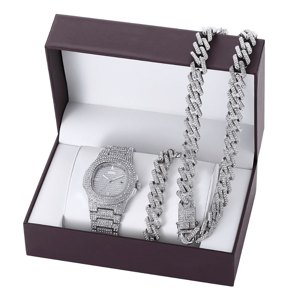 3 Stks Set Luxe Mode Mannen Horloge Set Ingelegde Strass Stalen Band Quartz Horloge Ketting Armband