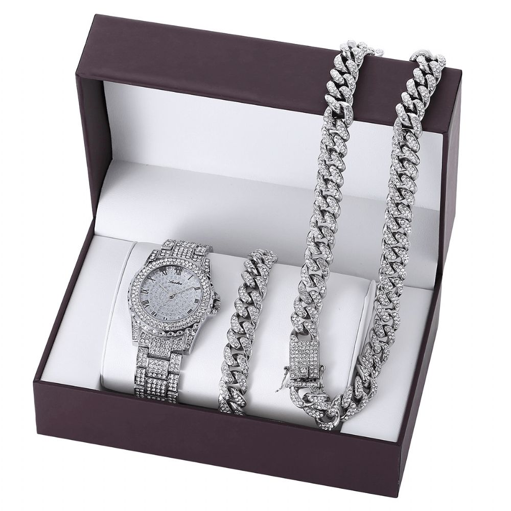 3 Stks Set Luxe Mode Mannen Horloge Set Ingelegde Strass Stalen Band Quartz Horloge Ketting Armband