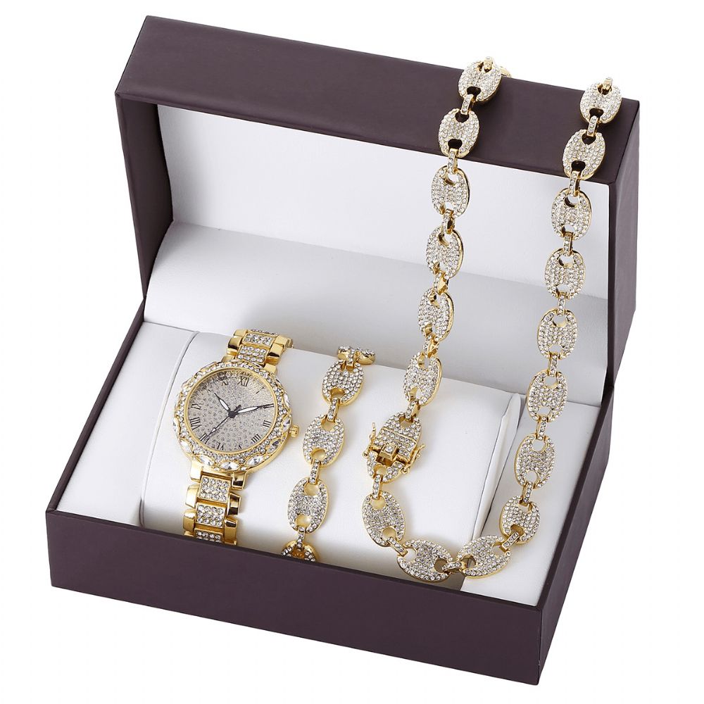 3 Stks Set Luxe Mode Mannen Horloge Set Ingelegde Strass Stalen Band Quartz Horloge Ketting Armband