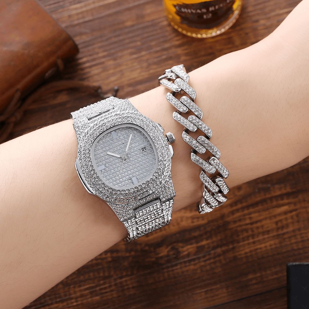 3 Stuks Herenhorloge Set Ingelegd Diamant Stalen Band Quartz Horloge Ketting Armband Sieraden Cadeau Kit