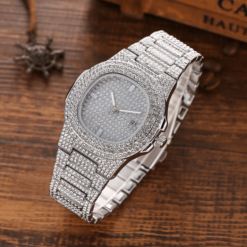 3 Stuks Herenhorloge Set Ingelegd Diamant Stalen Band Quartz Horloge Ketting Armband Sieraden Cadeau Kit