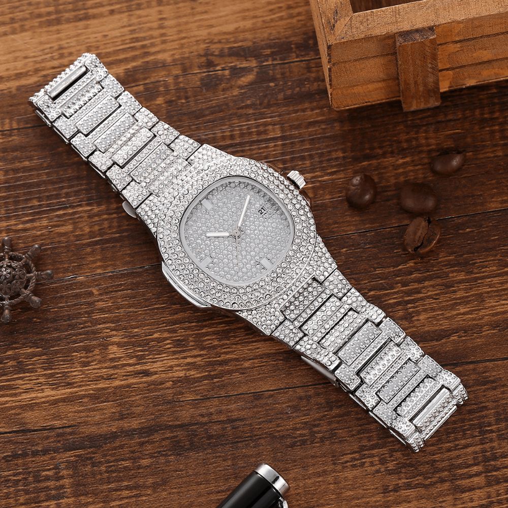 3 Stuks Herenhorloge Set Ingelegd Diamant Stalen Band Quartz Horloge Ketting Armband Sieraden Cadeau Kit