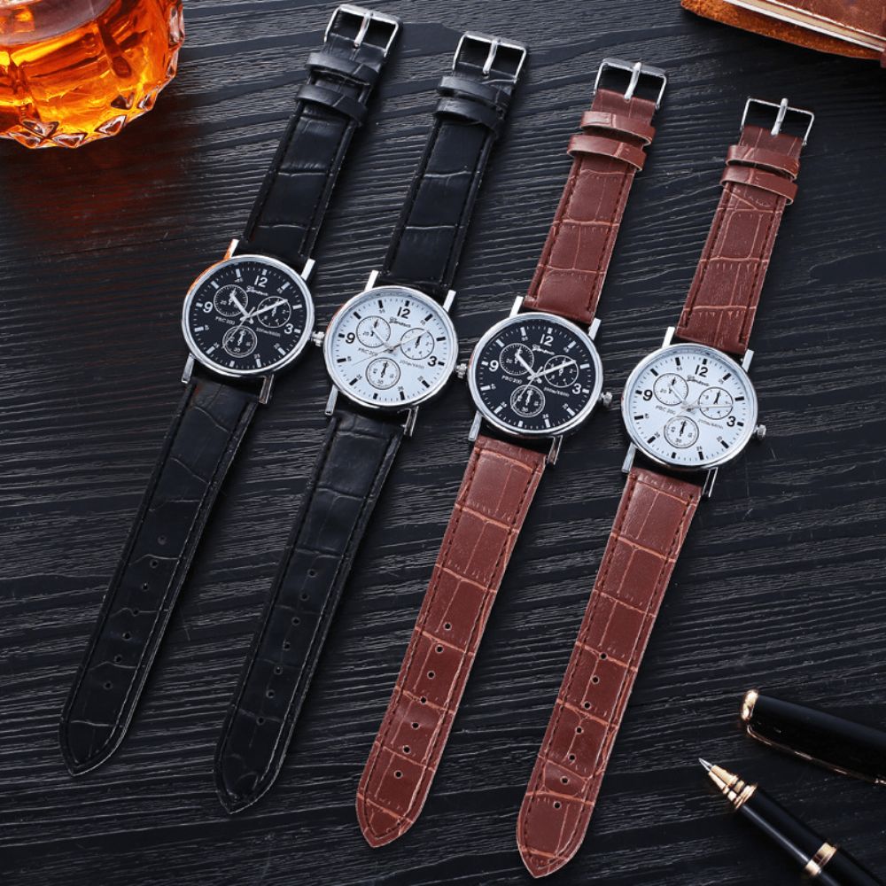 4 Kleuren Lederen Heren Vintage Zakelijke Horloge Versierd Blauw-Ray Glas Pointer Quartz Horloge