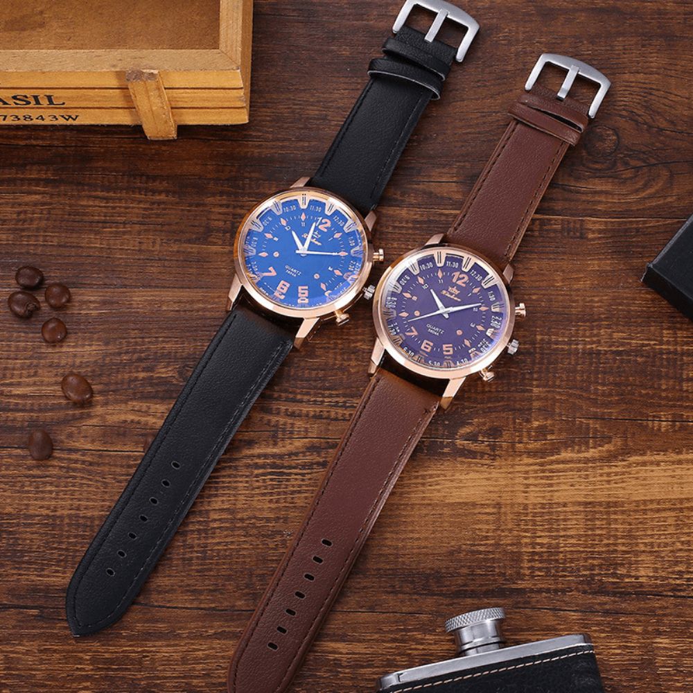 4 Stks Set Mannen Horloge Set Pu Lederen Band Quartz Horloge + Zonnebril + Riem + Portemonnee Relatiegeschenk: