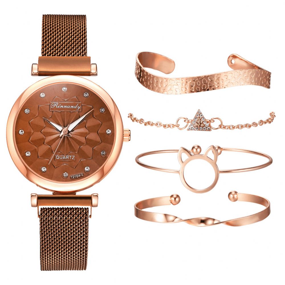 5 Pcs Combinatie Dames Armband Horloge Set Bloem Wijzerplaat Mesh Stalen Band Quartz Horloge: