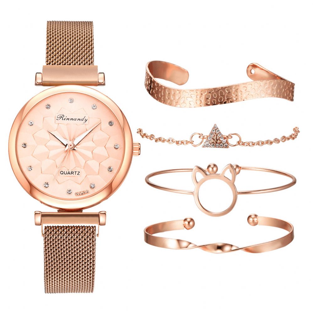 5 Pcs Combinatie Dames Armband Horloge Set Bloem Wijzerplaat Mesh Stalen Band Quartz Horloge: