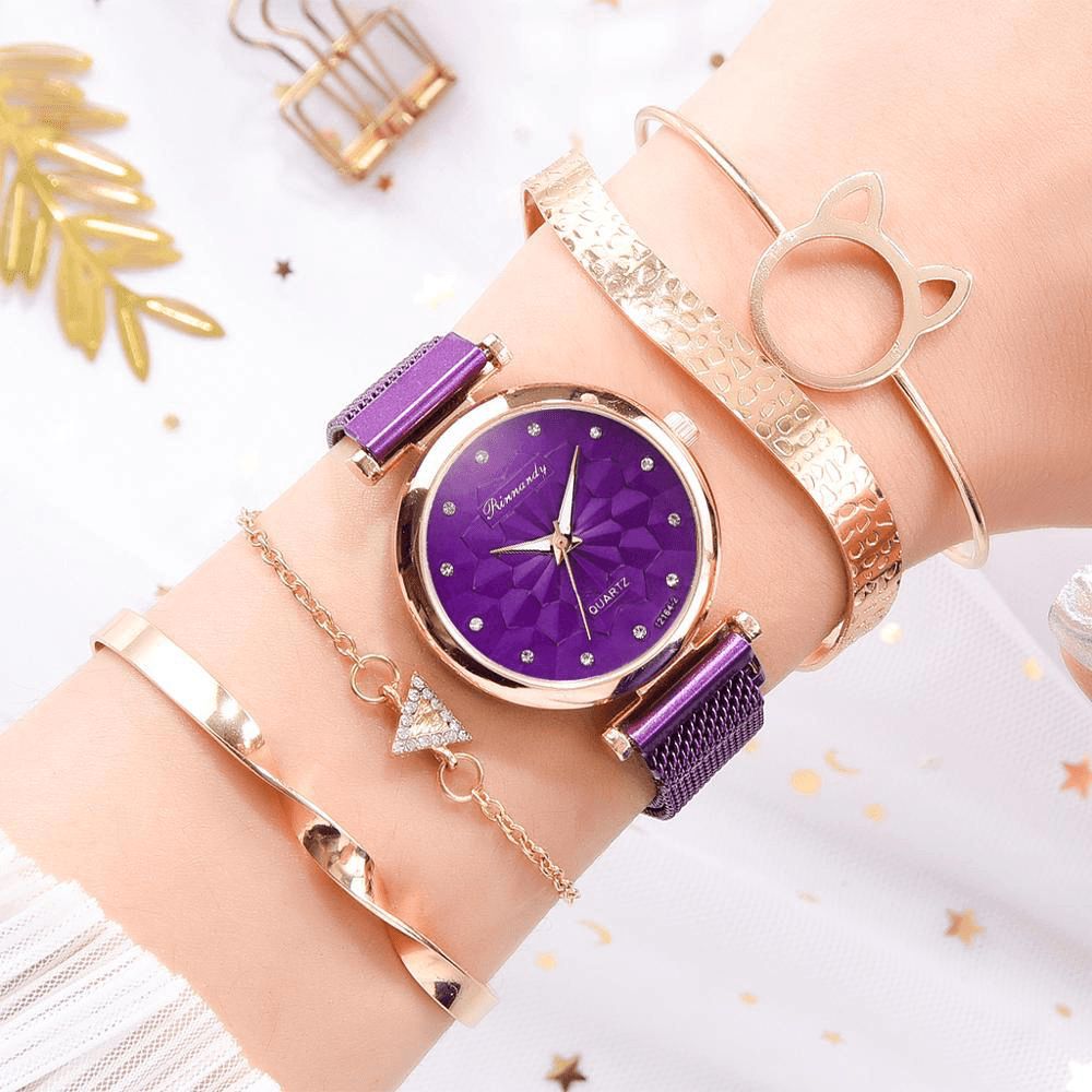 5 Pcs Combinatie Dames Armband Horloge Set Bloem Wijzerplaat Mesh Stalen Band Quartz Horloge: