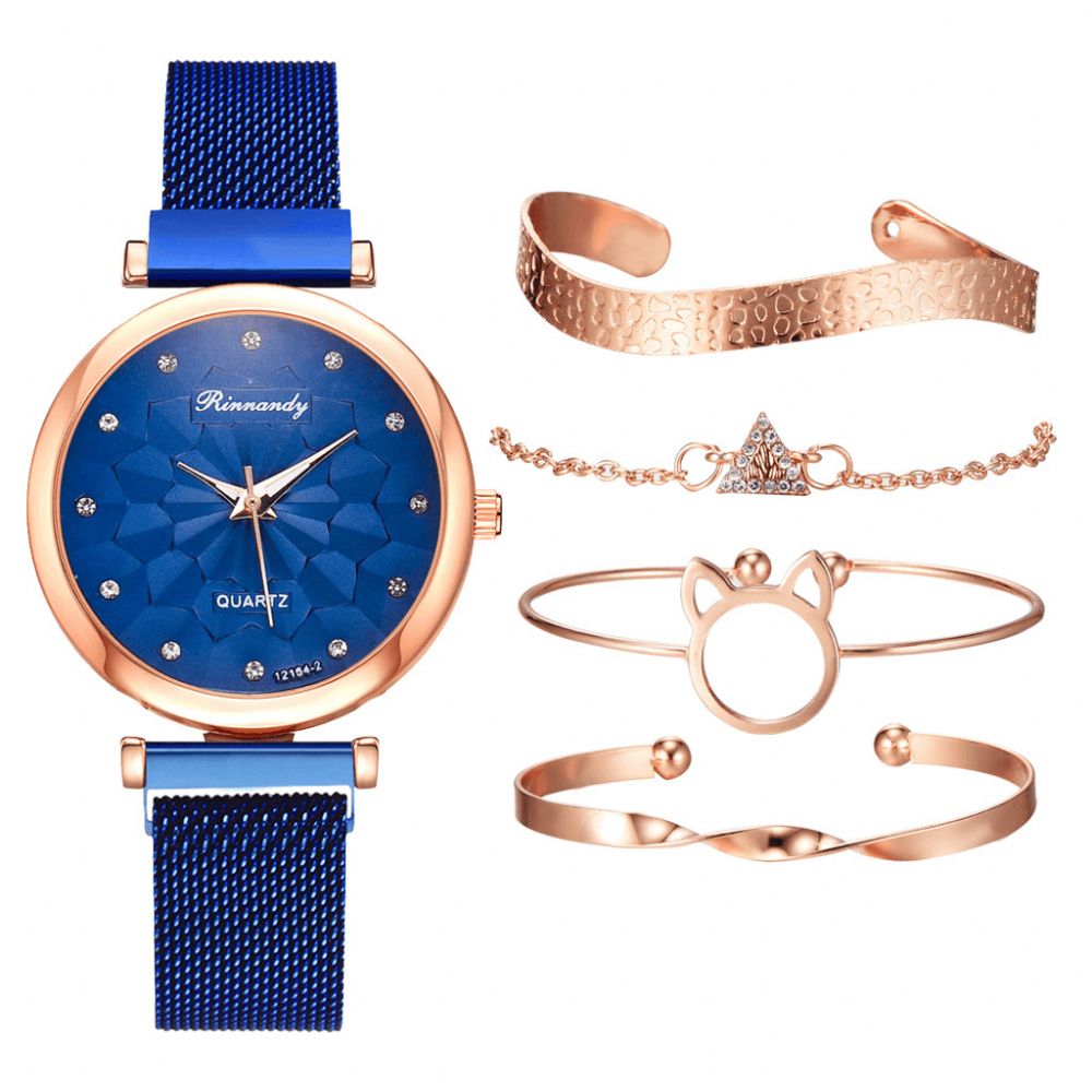 5 Pcs Combinatie Dames Armband Horloge Set Bloem Wijzerplaat Mesh Stalen Band Quartz Horloge: