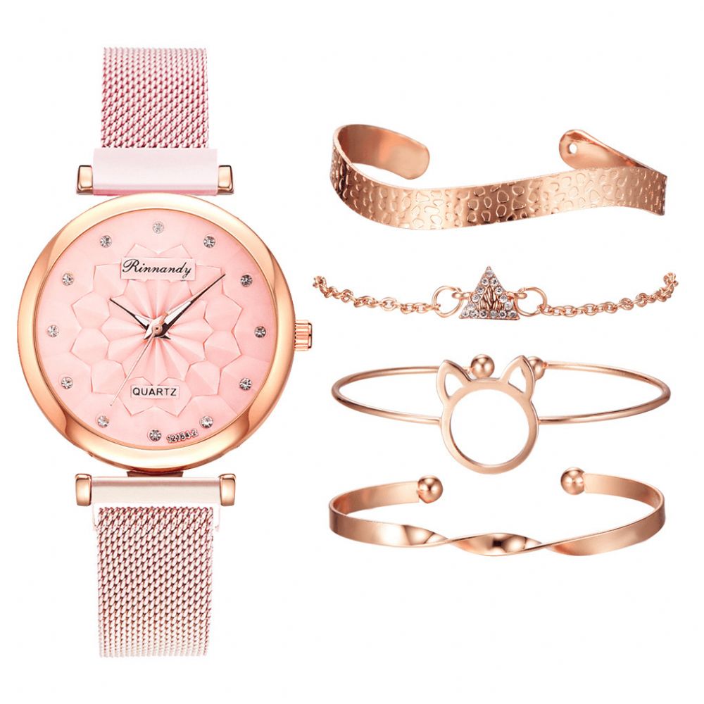 5 Pcs Combinatie Dames Armband Horloge Set Bloem Wijzerplaat Mesh Stalen Band Quartz Horloge: