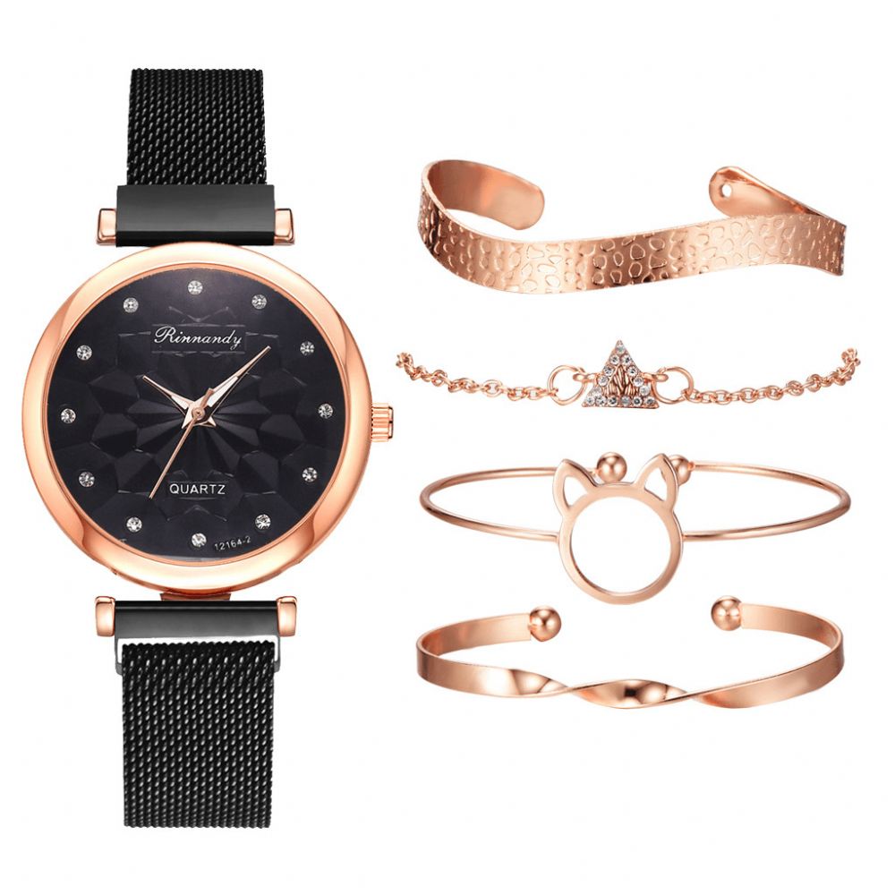 5 Pcs Combinatie Dames Armband Horloge Set Bloem Wijzerplaat Mesh Stalen Band Quartz Horloge: