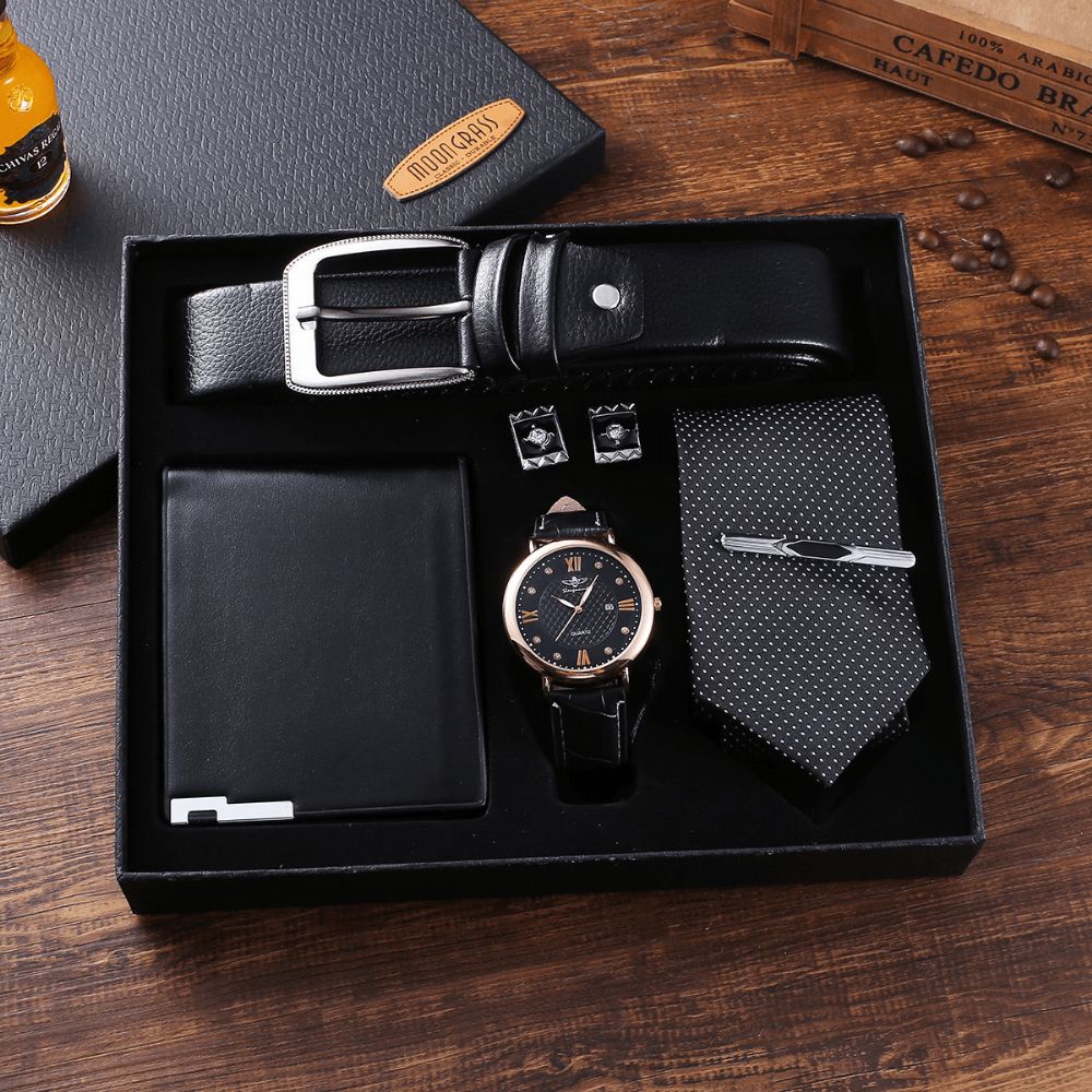 5 Pcs Heren Zakelijk Horloge Set Lederen Quartz Horloge Riem Portemonnee Manchetknopen Tie Gift Kit