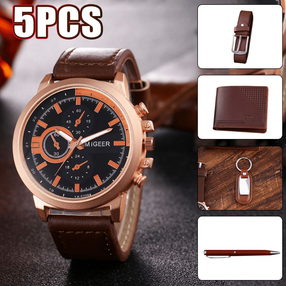 5Pcs Mode Gift Set Business Grote Wijzerplaat Quartz Horloge + Pen + Riem + Sleutelhanger + Portemonnee!