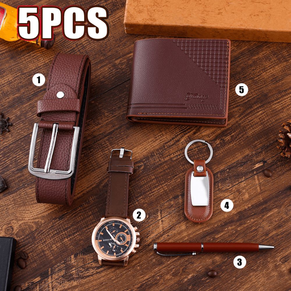 5Pcs Mode Gift Set Business Grote Wijzerplaat Quartz Horloge + Pen + Riem + Sleutelhanger + Portemonnee!