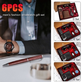 6Pcs Mode Gift Set Quartz Horloge + Pen + Riem + Sleutelhanger + Portemonnee + Zonnebril