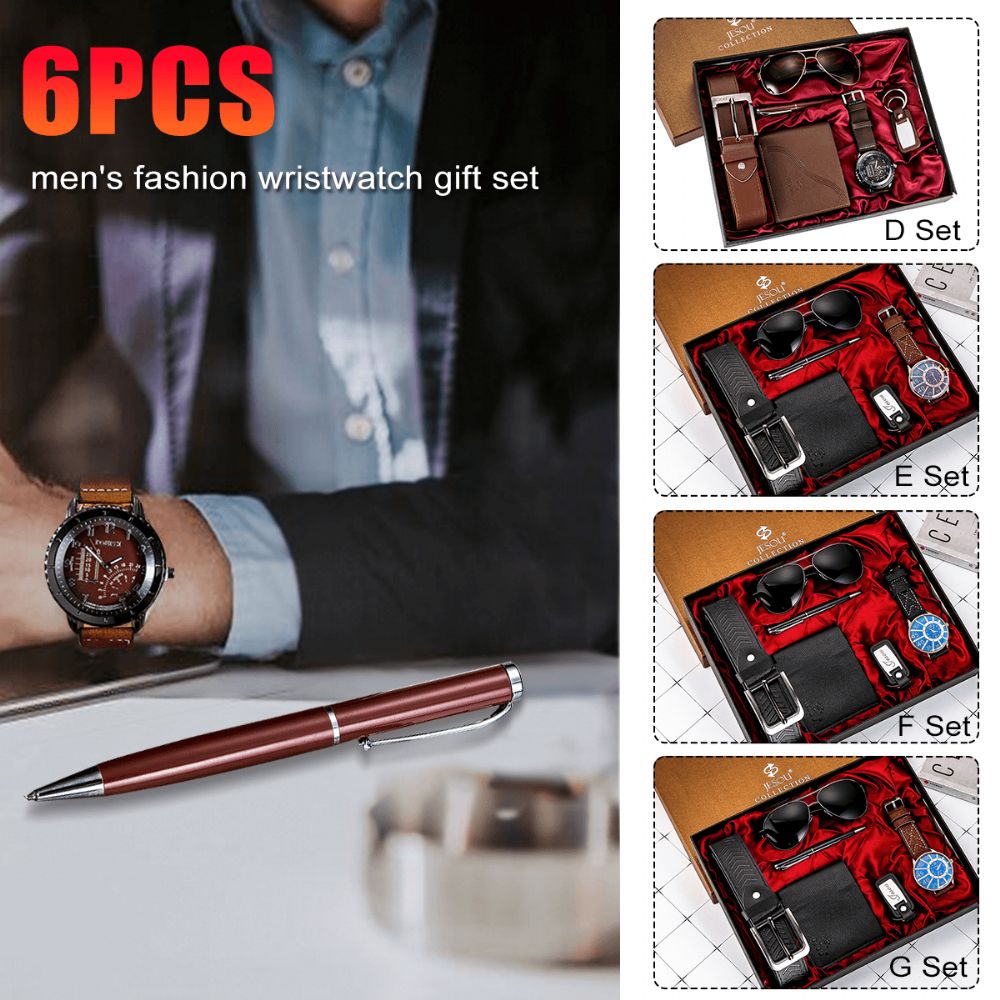 6Pcs Mode Gift Set Quartz Horloge + Pen + Riem + Sleutelhanger + Portemonnee + Zonnebril