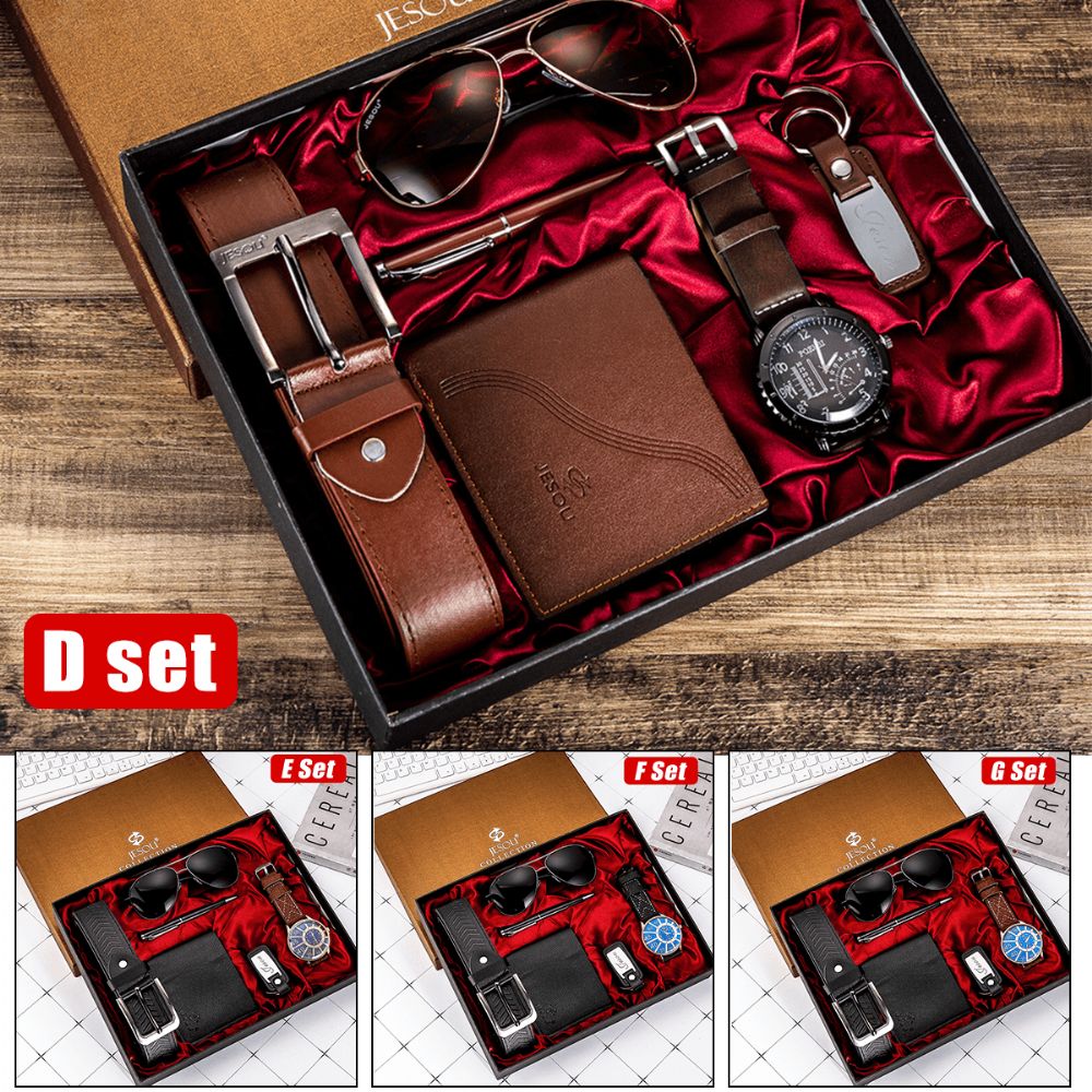 6Pcs Mode Gift Set Quartz Horloge + Pen + Riem + Sleutelhanger + Portemonnee + Zonnebril