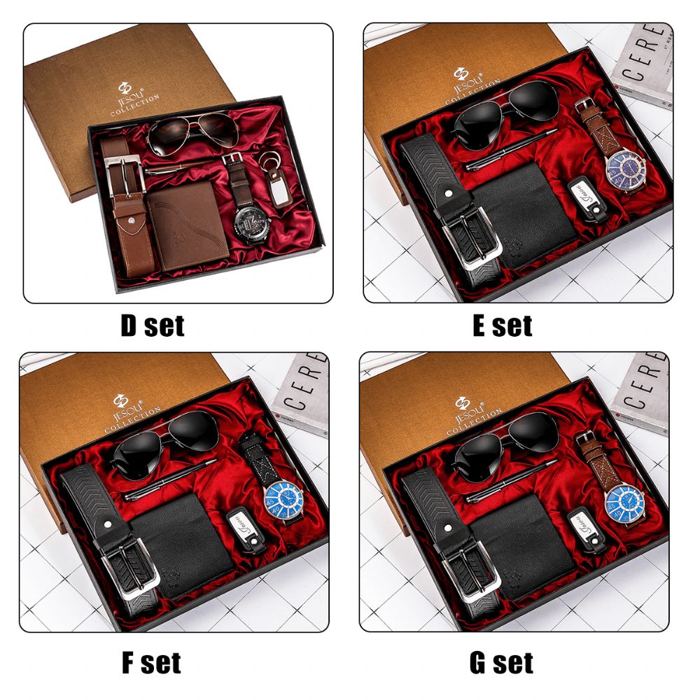 6Pcs Mode Gift Set Quartz Horloge + Pen + Riem + Sleutelhanger + Portemonnee + Zonnebril