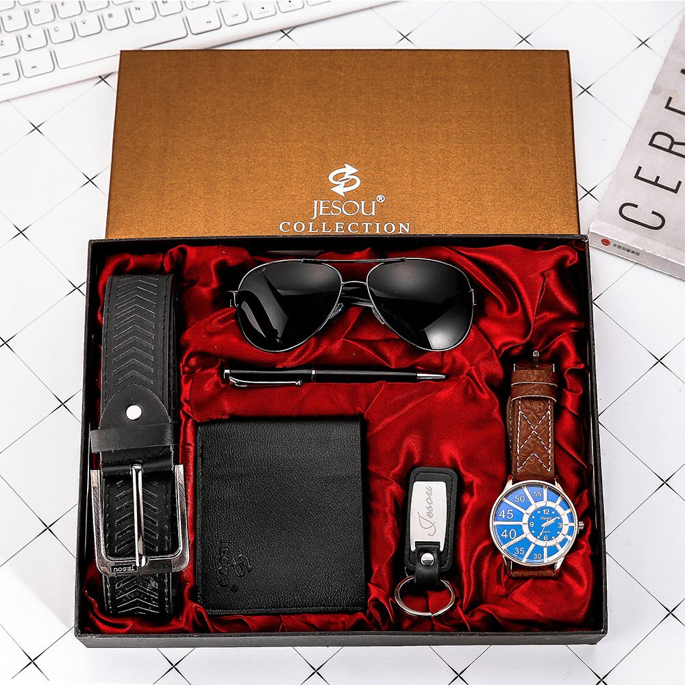 6Pcs Mode Gift Set Quartz Horloge + Pen + Riem + Sleutelhanger + Portemonnee + Zonnebril