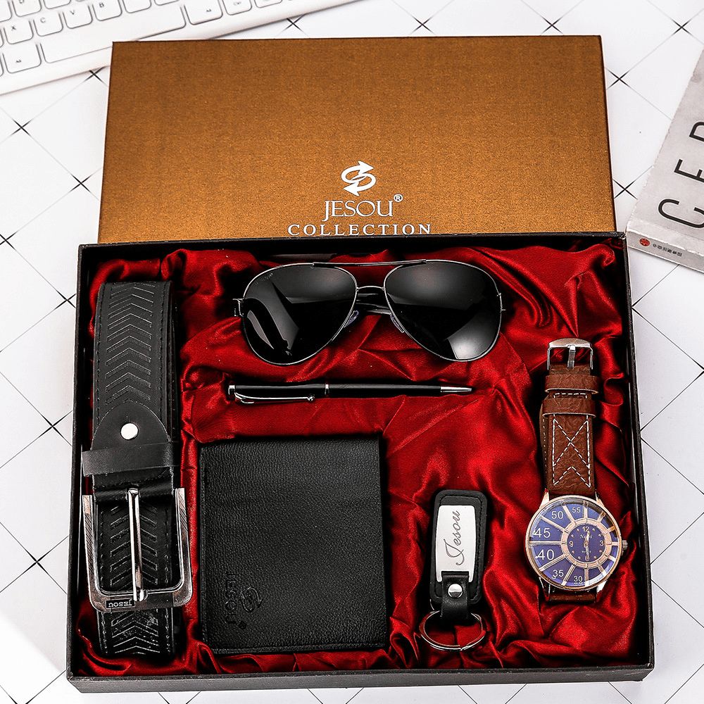 6Pcs Mode Gift Set Quartz Horloge + Pen + Riem + Sleutelhanger + Portemonnee + Zonnebril