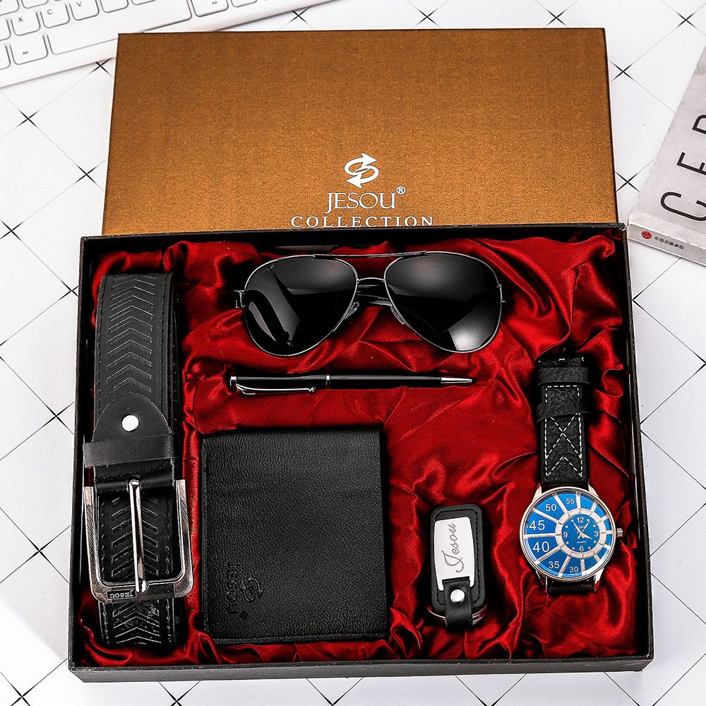 6Pcs Mode Gift Set Quartz Horloge + Pen + Riem + Sleutelhanger + Portemonnee + Zonnebril